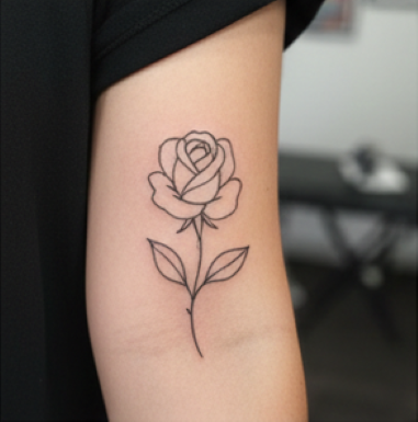 ruusu kahdella lehdellä ja varrella tatuointi kädessä